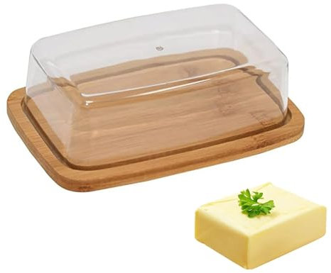 BANGHA Mantequillera,Mantequera 2 Platos de Mantequilla de bambú for encimera con Tapa acrílica Transparente for Almacenamiento de Cocina.