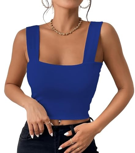 Haibang crop top damer sexig fyrkantig hals linne topp ärmlös linne kort sommar toppar passform korsett topp basic skjorta camisole streetwear, Safirblått, XXL
