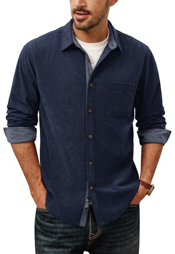 Flanellhemd Herren Langarm Button Down Cord Hemd mit 2 Taschen Dunkelblau S