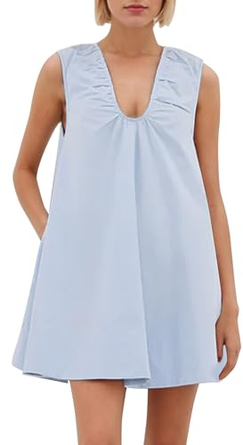 MISSACTIVER Women's Sleeveless Babydoll Tank Mini Dress Scoop Neck Ruched Short Dress with Side Pockets Summer Party Dresses Blue