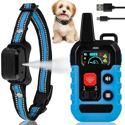 Collare Antiabbaiamento alla Citronella con Telecomando - Senza Scossa - Umano e Sicuro - 4 Modalità di Addestramento (Vibrazione/Suono/Spray/Rinforzo) - Portata 300m - per Cani Taglia S/M/L, Blu