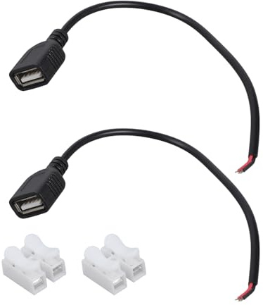 2 cables USB hembra a 2 pines de extremo abierto, cable de carga de 5 V para fuente de alimentación, luz LED, ventilador USB, 20 cm