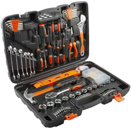 LxsNyvantic Werkzeugkoffer 107-tlg. – 3/8″Ratsche, Stecknüsse 8–22 Mm,29 Bits, Kreuz/Schlitz-Schraubendreher,6 Gabelschlüssel,Inbus 1,5–6 Mm,Spitzzange 6″, Rollgabelschlüssel 8″,Hammer – Robustes Case