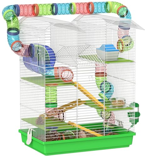 PawHut Gabbia per Criceti e Roditori a 5 Piani, Gabbietta per Criceti con Tubi Colorati, Ruota, Casetta e Accessori Inclusi, 47x30x59 cm, Verde