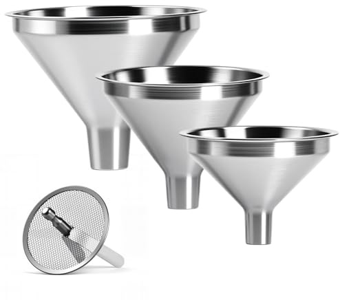 Lunexira 4-Piece Stainless Steel Kitchen Funnel Set, Includes 3 Funnel Sizes and 1 Strainer. Ideal for transferring seasonings, Oils, Liquids, Dry Goods and Powders. Durable and Easy to Clean.