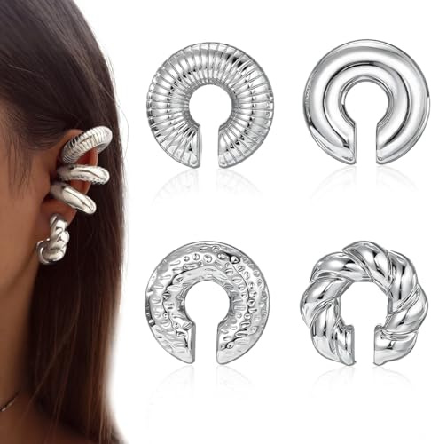 LAKJUOZ 4Pcs Ear Cuff Orecchini Senza Buco Argento Grandi Cartilagine Chunky Non Penetranti Orecchini A Clip Per Ragazze Ipoallergenici Moda Gioielli Regalo Di Gioielli