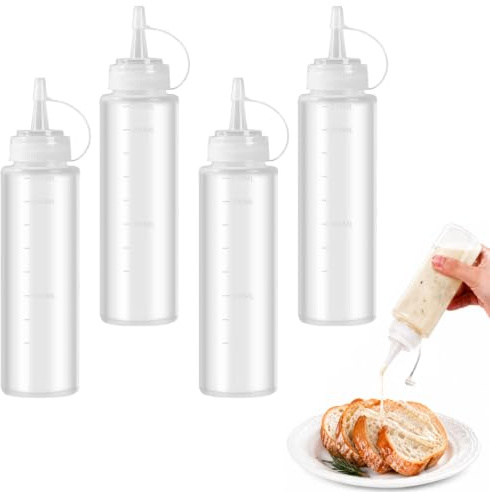 ShiJiuYou 4 x 240ml Plastic Squeezy Sauce Bottles with Nozzles for Dressing | Great for Home Cooks, BBQ Lovers, Professional Chefs, And Anyone Seeking Mess-Free, Precise Condiment Dispensing.