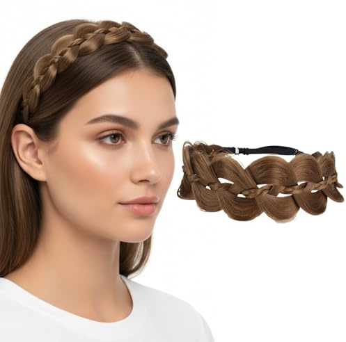 Geflochtenes Haarband Damen, Kunsthaar Haarband Geflochten, Haarreif Geflochten Haare, Geflochtener Zopf Haarteil, Chunky Haarreif Oktoberfest Damen, Stirnband Trachten Haarschmuck (Hellbraun)