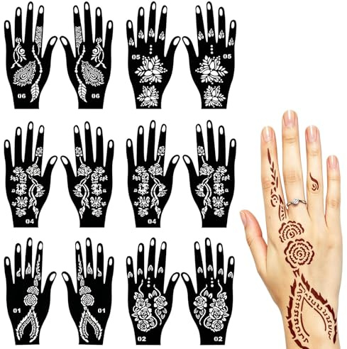 Henné Pochoir de Tatouage 6 Pièces Kit de Pochoirs pour Tatouage Henné Main Autocollants Temporaires au Henné Brun pour Fête D'anniversaire Festival Mariage Maquillage Festival de Musique