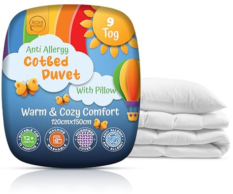Rohi 9 tog Cot Bed Duvet and pillow set – Microfibre Anti-Allergy Toddler Duvet & Pillow – Lightweight, Breathable & Ultra Comfy Baby Quilt 120cm x 150cm