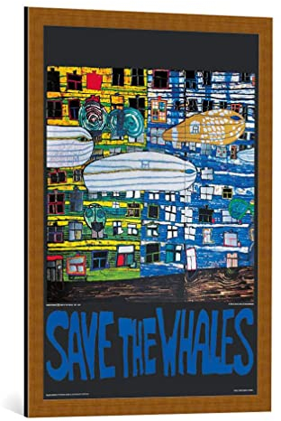 kunst für alle Bild mit Bilder-Rahmen: Friedensreich Hundertwasser Rettet die Wale - dekorativer Kunstdruck, hochwertig gerahmt, 59x84 cm, Kupfer gebürstet