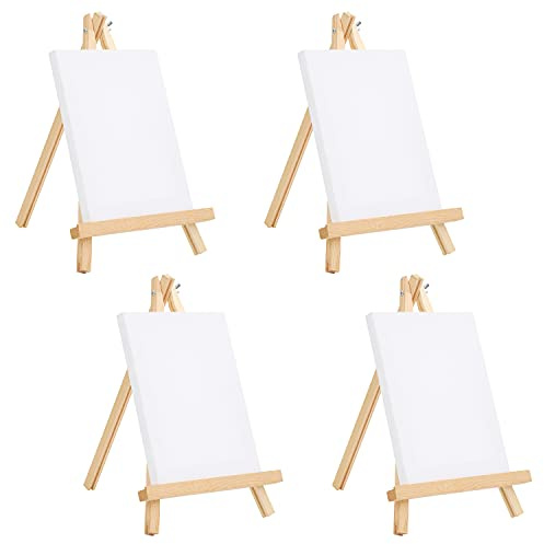BELLE VOUS Mini-Staffelei aus Holz mit Leinwand (4 Stück) – H 20 x B 15 cm – vorgedehnt – Set aus Mini-Leinwand und Tischstaffelei für Öl- und Acrylmalerei & Kinderzeichnungen