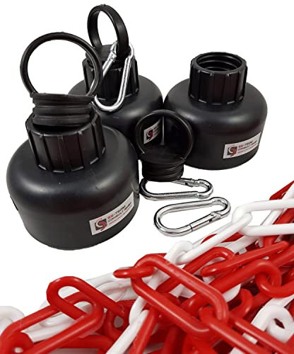UvV 3 x Flex-Pfosten Absperrketten Kappe, Öse, Karabiner (+ 15m Kette rot-weiß)