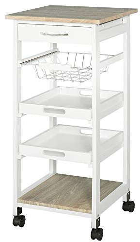 HOMCOM Chariot de Service desserte de Cuisine à roulettes Panier + 2 Plateaux Amovibles, tiroir, étagère MDF chêne Clair Bois pin Blanc
