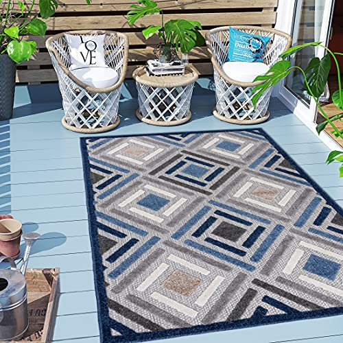 Carpeto Rugs Geometrisch In- & Outdoor Teppich Wetterfest für Balkon, Terasse - Balkon Teppich Wasserfest - Outdoorteppich Wetterfest - Aussenteppich Terrasse Groß - Blau Grau 2-120 x 170 cm