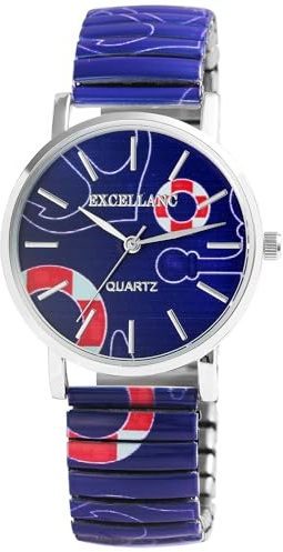 Excellanc Damen-Zugbanduhr Edelstahl Ø 36 mm Motiv Bunt Print Analog Quarz 1700060 (Blau)