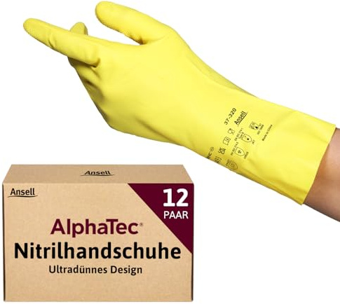 Ansell AlphaTec 37-320 Mehrzweckhandschuhe aus Nitril, Chemikalienschutz, Lebensmittel Geeignet, Wiederverwendbare Nitrilhandschuhe, Hausputz, Haushalt, Kochen, Gelb, Größe XL (12 Paar)
