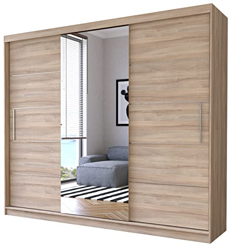 Kleiderschrank mit Spiegel, Schiebetüren - Weiß/Sonoma Schwebetürenschrank, Schlafzimmerschrank - ‎61 x 250 x 218 cm - Schrank für Schlafzimmer, Wohnzimmer, Garderobe - Imoebel24