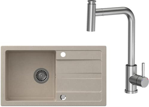 VBChome Handfat med armatur beige 77 x 43,5 cm granit enkelhandfat inbyggd diskbänk dränering spräcklig reversibel kompositdiskbänk köksblandare + sifon
