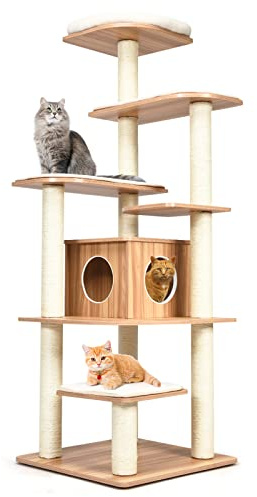 GOPLUS Katzenbaum 175cm hoch, Kletterbaum mit 6 Plattform, Katzenkratzbaum mit großen Höhle aus Holz, Spielbaum für Katzen, Katzenmöbel, Katzenstämme (Natur)