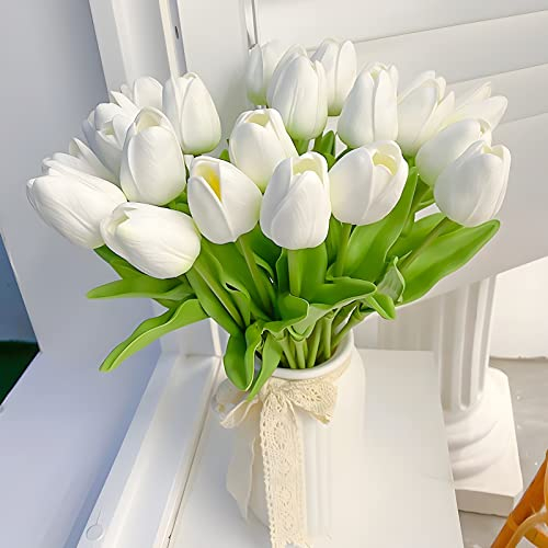 twirush 15 Stück Künstliche Tulpen, Real-Touch Latex Tulpe Blumen Gefälschte Tulpenstrauß 33cm mit weichem PU-Stiel für Home Room Hochzeitsstrauß Party Blumengesteck(Weiß)