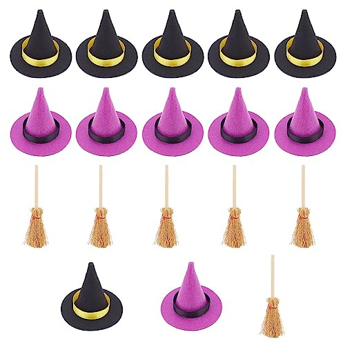 CRASPIRE 12 Pieza 2 Colores Mini Sombreros de Bruja Poliéster Mini Parte Superior Sombrero de Bruja Accesorios de Adorno con 6 Piezas Mini Escoba de Madera Brujas para Fiesta de Halloween Favores