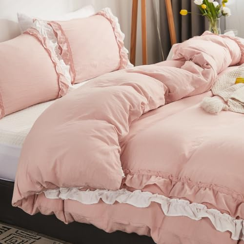 Herside Rosa påslakanset, king size volanger, rosa, vit 2-lagers volangdesign, boho flicka sängkläder, 1 påslakan, 2 örngott (vit-rosa, king size)
