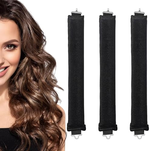 Lockenwickler zum Schlafen, ohne Hitze, für langes, mittellanges Haar, über Nacht, für große Wellen, weicher Samt, dicke flexible Stäbe mit Haken, Schwarz, 3 Stück