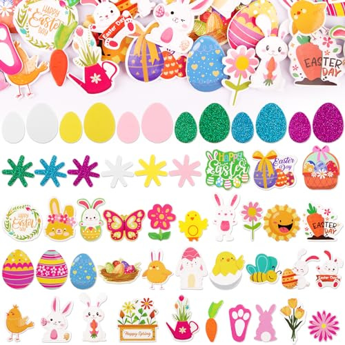 BETESSIN 286pcs Ostern Basteln Aufkleber Schaumstoff Glitzer Moosgummi Sticker Ostern Bastelset Selbstklebend Schaum Aufkleber Ostereier Osterhasen Sticker für Karten Fenster Dekoration
