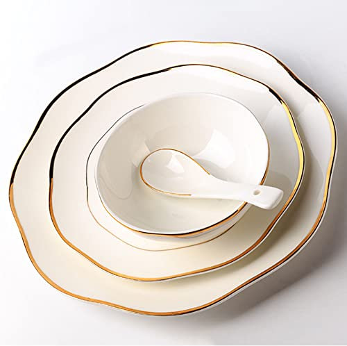 Tafelservice, Bone China-Geschirrserie, 16-teiliges Tafelservice aus weißem Porzellan, Geschirrset mit Goldrand und Desserttellern/Suppentellern/Speisetellern und Schüsseln-Sets, Geschirrservice