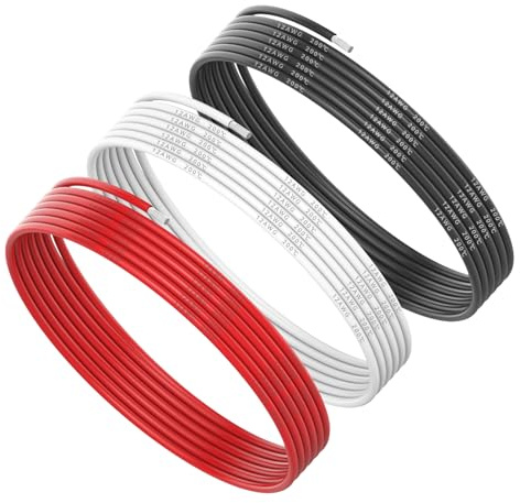 TANOSHIMI 12 AWG Silikon elektrischer Draht 9m (3m schwarz 3m rot 3m weiß) Silikon elektronisches Kabel 3.4 mm², Extra flexible 680 Stränge 0.08mm verzinnter Kupferdraht für RC Autos Marine usw