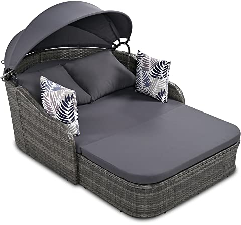 (en:79.9 Outdoor Sunbed with Adjustable Canopy, Double Lounge, PE Rattan Daybed, Gray Wicker Cushion,Gray)