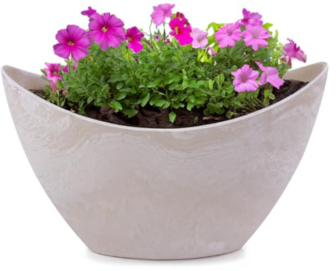 Ovale Pflanzschale für draußen - Hohe Schiff Deko-Schale in sand-farben beiger Stein-Optik als Blumen-Topf Pflanztopf - 20 cm Jardiniere für Garten Balkon oder Friedhof als wetterfester Grab-Schmuck