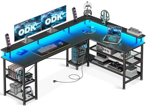 ODK Scrivania Gaming con LED, Scrivania d'Angolo Reversibile con 2 Prese e 2 Porte USB, Grande Scrivania Gaming Angolare con Ripiano in Rete, Nero Fibra di Carbonio 168×120cm