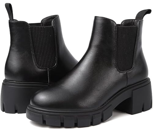 Chelsea Boots Women Ankle Boots for Women UK Pull On Chunky Heel Black
