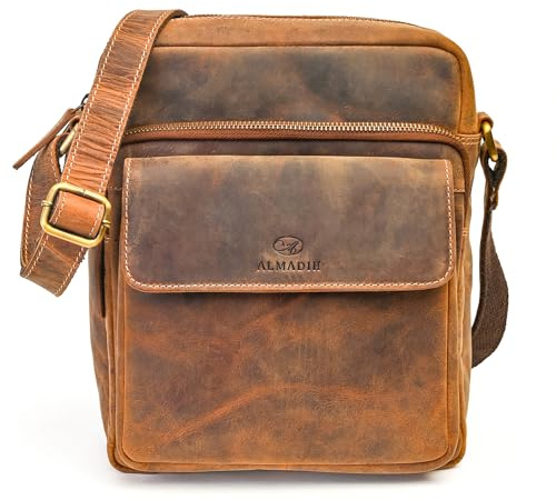 ALMADIH Leder Umhängetasche Herren perfekt für Tablet iPads 12.9 Zoll - DON braun - Kompakte echte Ledertasche für Arbeit & Alltag Messenger Schultertasche kleine Herrentasche