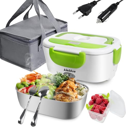 kisidus Fiambrera eléctrica 12V/24V/220V, Tartera Comida Trabajo de 1.5L, acero inoxidable, recipiente para alimentos, para el hogar y el coche, con tenedor y cuchara