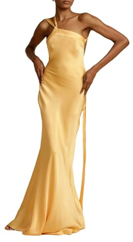 ANKOMINA Damen Sexy Satin One Shoulder Lace Up Maxikleid Ärmellos Asymmetrisch Lange Kleider für Party Abend, gelb, Groß