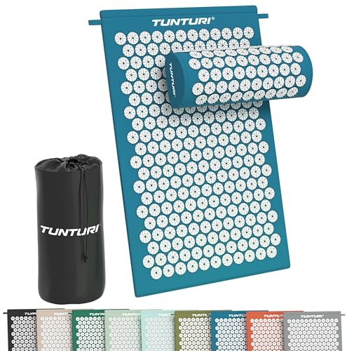 Tunturi Akupressurmatte mit Kissen - Akupunktur Matte - Stachelmatte für Rücken, Nacken, Fuße, Ganzkörper - 2in1 Nagelmatte Akupressurmatte - Anti Stress - 68x42x2cm - Petrol Blau