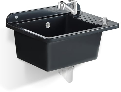 GOSPO Ausgussbecken aus Polystyrol, 50.5 x 34.5 cm, Spülbecken mit Ablagefläche, Waschbecken für Werkstätten, Garagen und Hauswirtschaftsräume (Schwarz, Mit Wasserhahn und Spender)