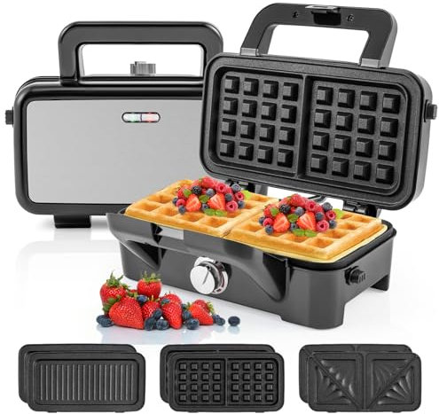 COSTWAY 3 in 1 Sandwich Toaster, 1200W Waffle Maker with 5-gear Temperature, Non-stick Plates, Indicator Lights and Cool Touch Handle, Electric Health Grill & Panini Press