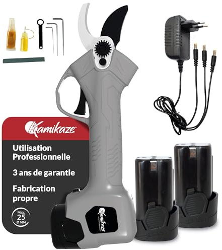 KAMIKAZE Sécateur Électrique KV280 14,4V, Coupe 25 mm, Lame SK5 Téflon, 2 Batteries 2Ah, 2500 Coupes, Outil Taille Jardin Sans Fil Léger Semi-Professionnel