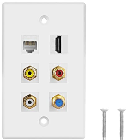 MEIRIYFA 6-Port Keystone Wandplatte mit HDMI, Coaxial und CAT6 Ethernet, 3 RCA + 1 CAT6 + 1 Coaxial Kabel, TV F-Typ Port und 1 HDMI Buchse zu Buchse Insert (Weiß)