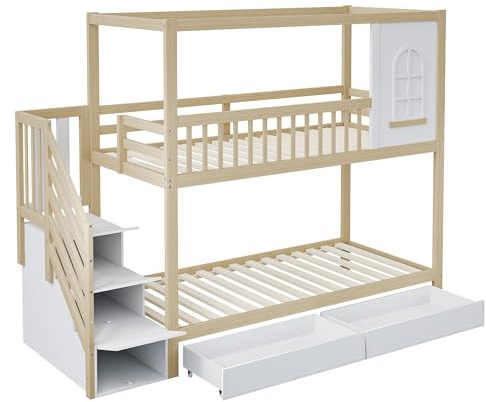Letto a Castello 90 x 200 cm per Bambini in Legno Massello, a Forma di Casa Con Finestra, Design di Recinzione di Sicurezza, Con Cassetti e Scala di Sicurezza