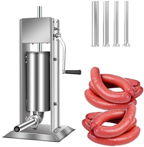 Manueller Wurstfüller, automatische Absaugung, vertikaler Füller aus Edelstahl 304 mit zwei Geschwindigkeiten, Wurstfüllmaschine mit 4 Füllrohren, for knusprige Wurst, Schinken, Wurst(5L)