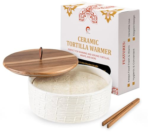 SoulMex Ceramic Tortilla Warmer with Airtight Wooden Lid – 8.8 Inch Tortilla Holder, Insulated Bread Pancake Warmer, Authentic Tortillero for Tortillas, Pancakes, Roti – Large Tortilla Container