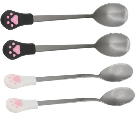 VILLFUL 4pcs Stainless Steel Dog Cat Can Food Spoon Pet Scoop Set Black and White Paw Design Suitable for Feeding Dog and Cat Food