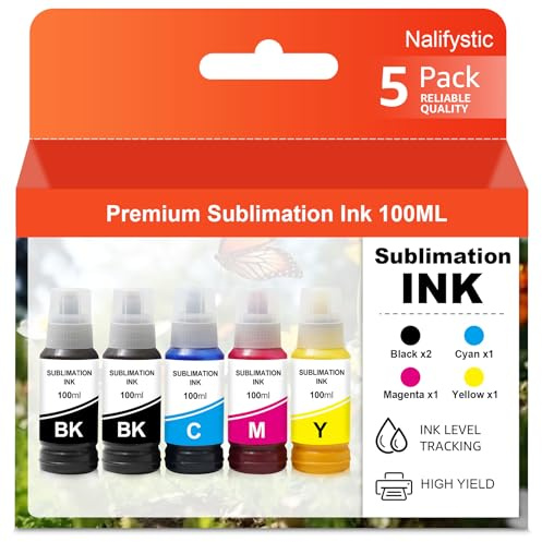 Nalifystic 5x100ML SUB Sublimationstinte Nachfüllpackung für EPS ET-2400 ET-2720 ET-2800 ET-2803 ET-2760 Inkjet Drucker-Autofill/Upgrade Version/ICC Free-（5Stück,2Schwarz,1Cyan,1Magenta,1Gelb