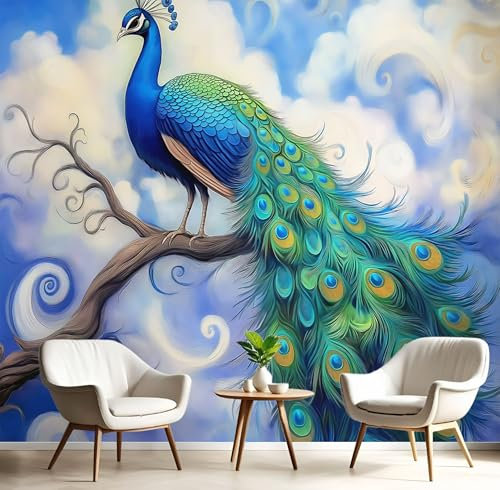 CECE&COLE Papier Peint Animaux RéTro Papier Peint Papier, Papier Peint Panoramique Paon Vert, 150×105 CM (W×H) Murale, Chambre Tv Mur Salon Papier Peint