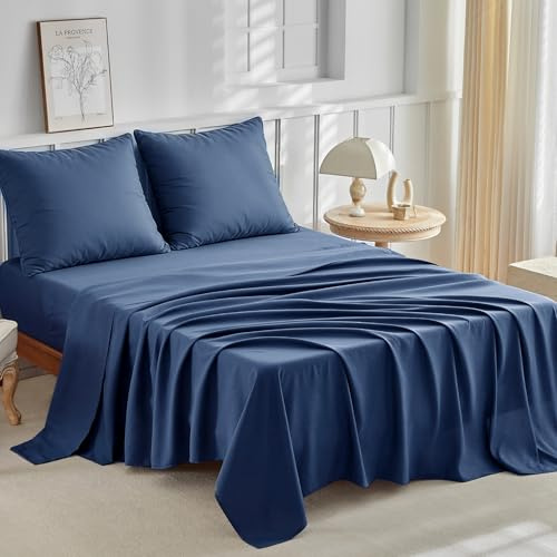 Tokokimo Parure de lit 180x220 - Draps de Lit 2 Personnes - Ensemble de Draps 4 Pièces - 1 Drap Housse 180x220, 1 Drap Plat 240x280 et 2 Taie d'oreiller 65x65, Bleu Foncé